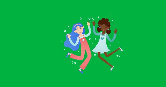 Digital animation of two diverse girls dancing icons against black background