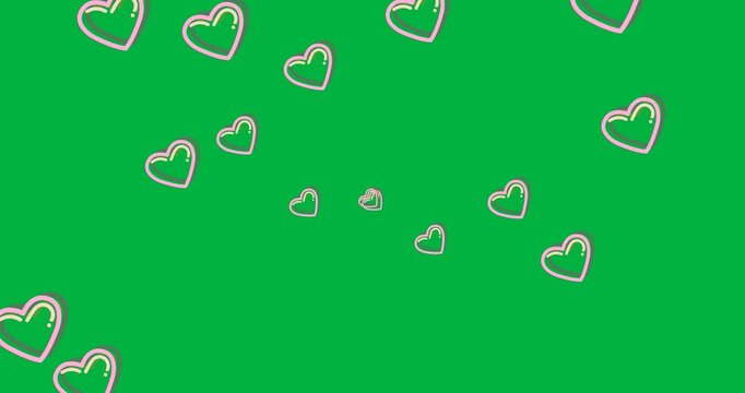 Digital animation of pink heart icons floating against black background