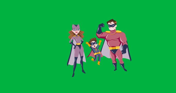 Digital animation of family in superhero costume icon against black background