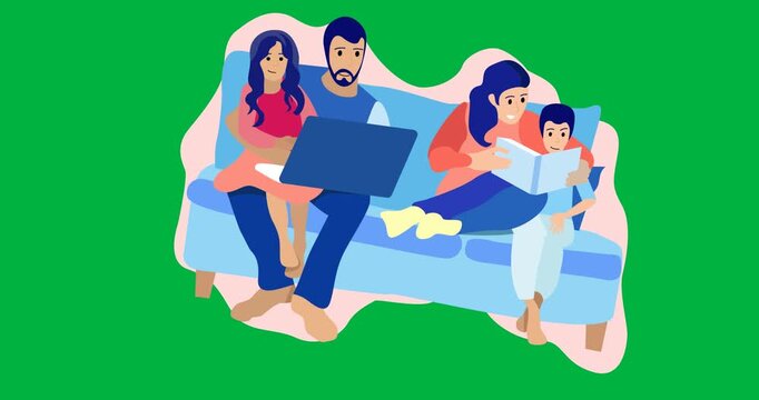 Digital animation of family sitting on the couch at home icon against black background