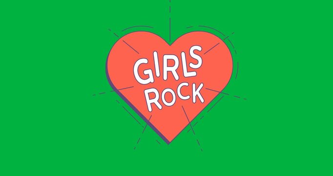 Digital animation of girls rock text over red heart icon floating against black background
