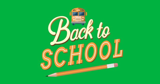 Colorful back to school text banner with pencil and school bus icons against black background
