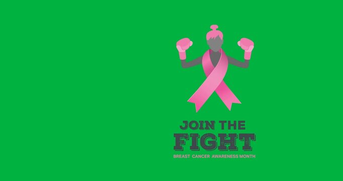 Join the fight text banner with pink ribbon over female boxer icon against black background
