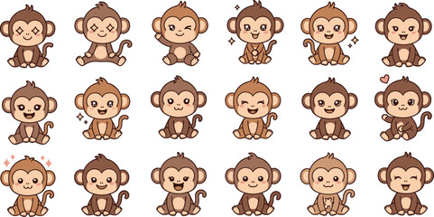 Obraz premium Cute Baby Monkey Cartoon Set with Different Poses and Expressions, Adorable Primate Characters Collection, Kids Friendly Animal Vector Illustration Design.