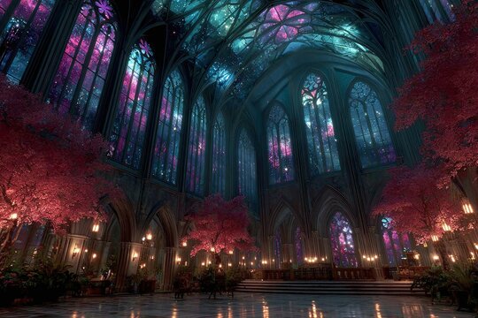 Vibrant stained glass windows illuminate a serene cathedral interior with trees and candles