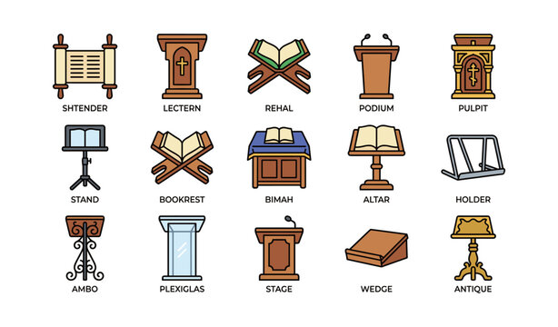 Collection of various religious text holders and stands illustrated