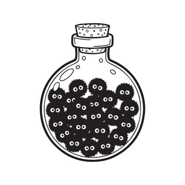 Black and white line art illustration of a glass bottle with a cork stopper filled with cute fuzzy black creatures with big eyes
