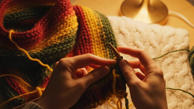 Close up of hands knitting a colorful scarf with yarn and needles.