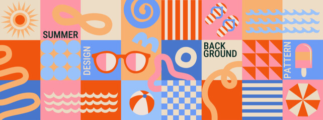 Horizontal summer geometric background with fun hand drawn doodle shapes,squiggles in childish style with hot season symbols-beach umbrella, sunglasses, ice cream, ball. Vector illustration. © tandav