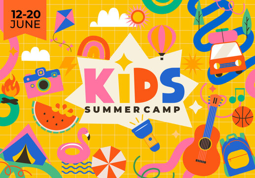 Kids Summer camp bright banner. Childish background with symbols of active camping - tent, backpack, guitar, campfire, watermelon. Adventure poster, flyer,kids education and outdoor activities. Vector