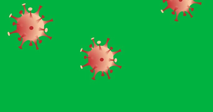 Digital animation of multiple orange covid-19 cells icons falling against black background