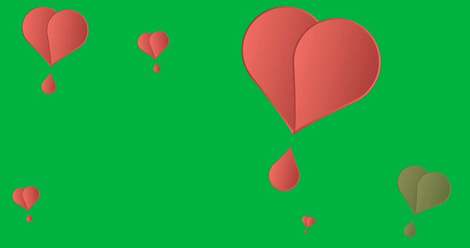 Digital animation of multiple red heart icons against black background