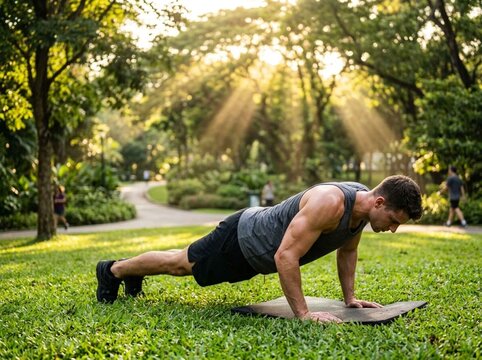 Fit man performing push ups outdoors on a yoga mat in a sun drenched park engaging in a healthy lifestyle and outdoor fitness with dappled sunlight filtering through lush
