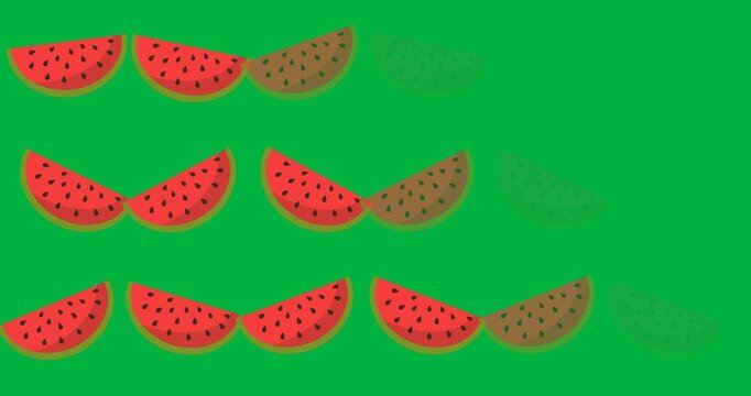 Digital animation of multiple watermelon slice icons against black background