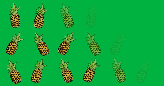 Digital animation of multiple pineapple icons against black background