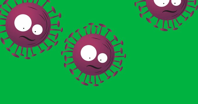 Digital animation of multiple red covid-19 cell icons falling against black background