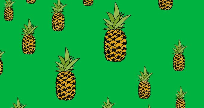 Digital animation of multiple pineapple icons against black background