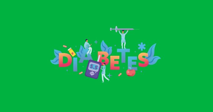 Digital animation of diabetes text banner with multiple icons against black background