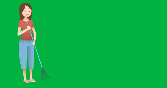 Digital animation of woman with broom sweeping icon against black background