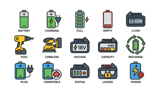 Battery icons set: charging, full, empty, tools, compatibility, power status