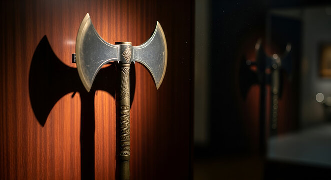 Ornate Double Axe Replica Displayed on Polished Wooden Wall