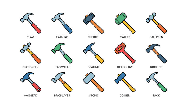 Collection of colorful hammers: claw, framing, sledge, mallet, ballpeen, and more