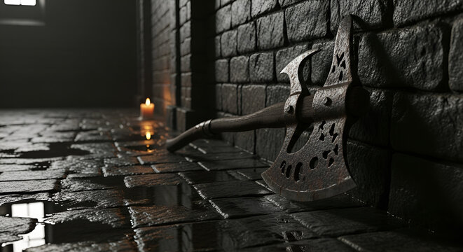 Rusty Medieval Double Axe Resting in a Dark Dungeon