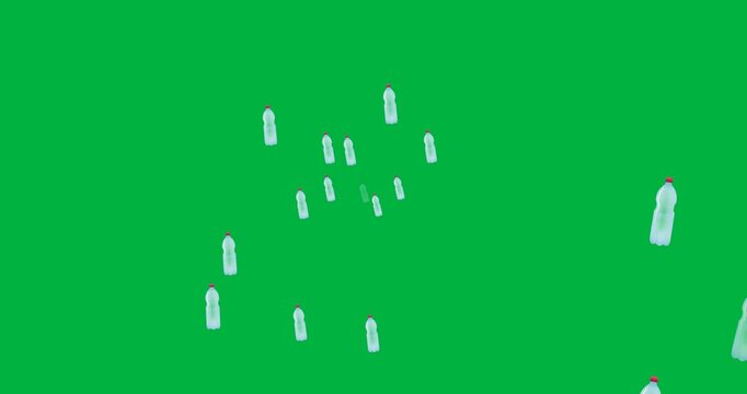 Digital animation of multiple plastic bottle icons floating against black background