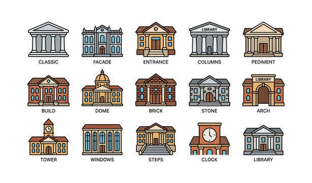 Collection of classic architectural facades with columns and pediments