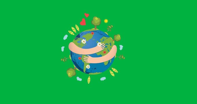 Digital animation of hands hugging a globe icon against black background