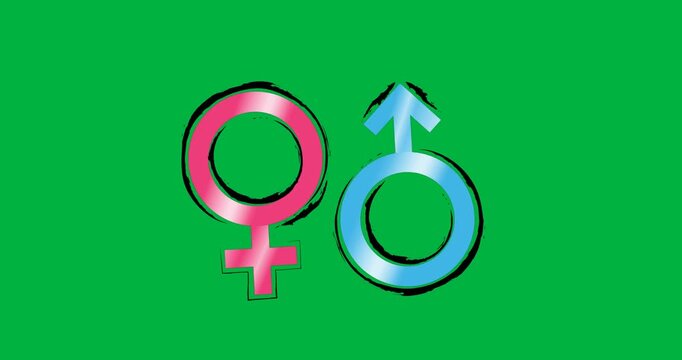 Digital animation of male and female gender symbols against black background