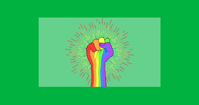 Digital animation of glowing rainbow fist icon against grey banner on black background
