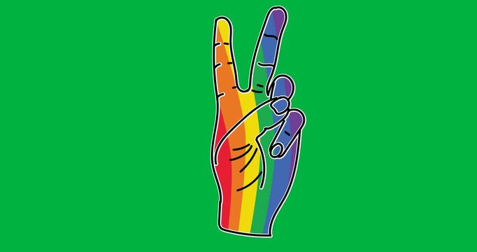 Digital animation of rainbow hand peace sign against black background