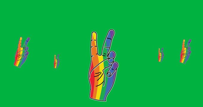 Multiple rainbow hand peace symbols icons and pride text banners against black background