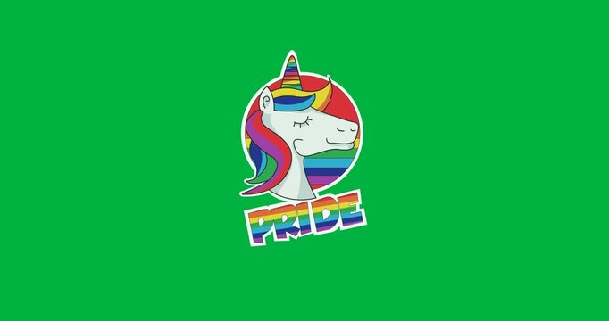 Digital animation of unicorn icon with pride text against black background
