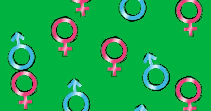 Digital animation of multiple male and female gender symbols falling against black background
