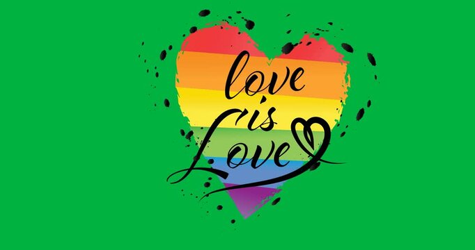 Digital animation of love is love text over rainbow heart icon against black background