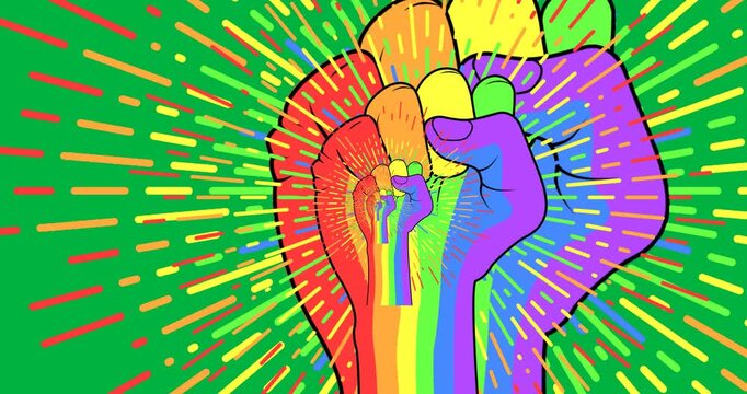 Digital animation of glowing rainbow fist icon in seamless pattern against black background