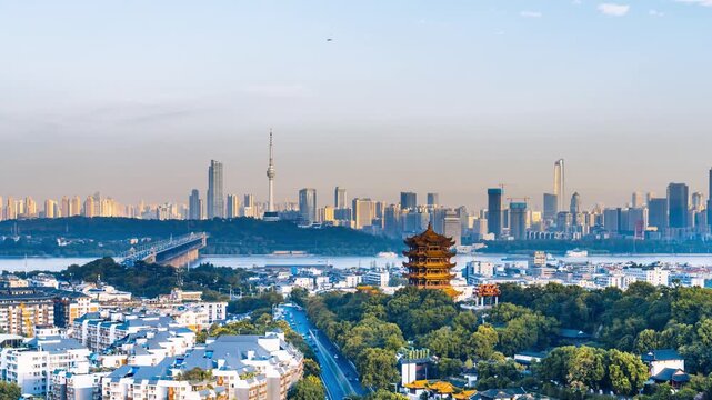 High angle timelapse of the Yangtze River Bridge and Yellow Crane Tower in Wuhan, Hubei Province, China