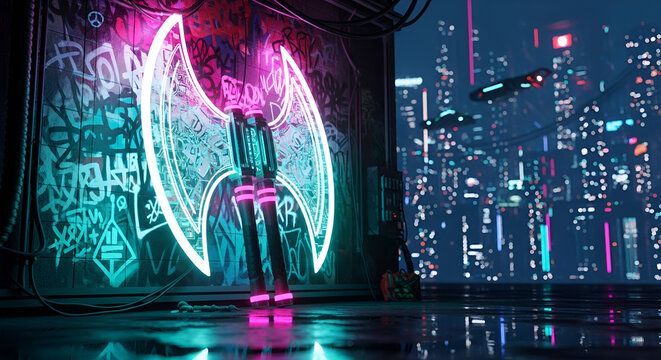 Cyberpunk Double Axe Glowing with Neon Lights in Night City