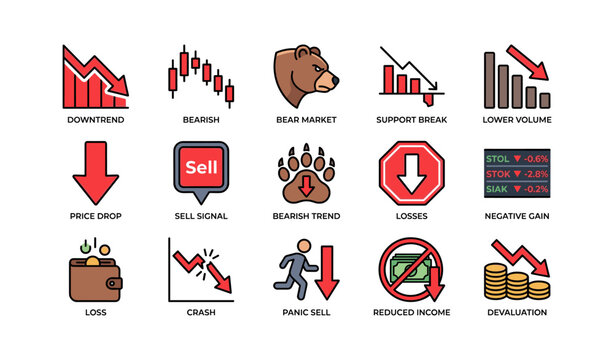 Financial market downtrend symbols indicating bearish trends and economic losses