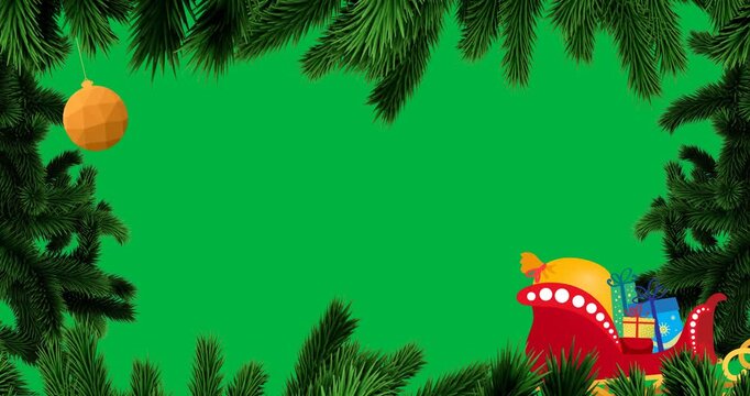 Tree branches over orange bauble and christmas gifts on a sledge icons against black background