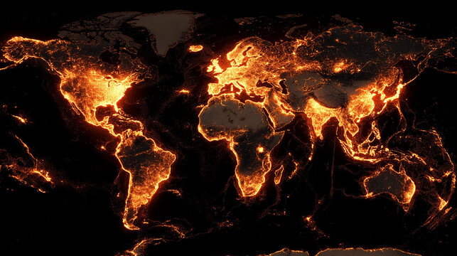 Satellite night lights map of the world showing gas flaring sites glowing across global geography at night
