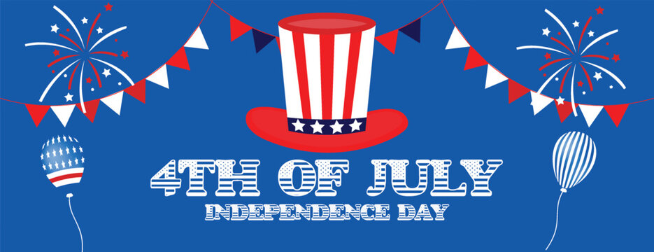 Patriotic fourth of july independence day celebration banner design with uncle sam hat fireworks balloons and bunting creating festive usa holiday banner design background , 4th of July Banner design