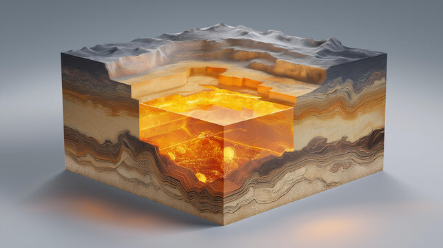 Cross section of earth revealing underground natural gas reserves glowing amber in subsurface geology