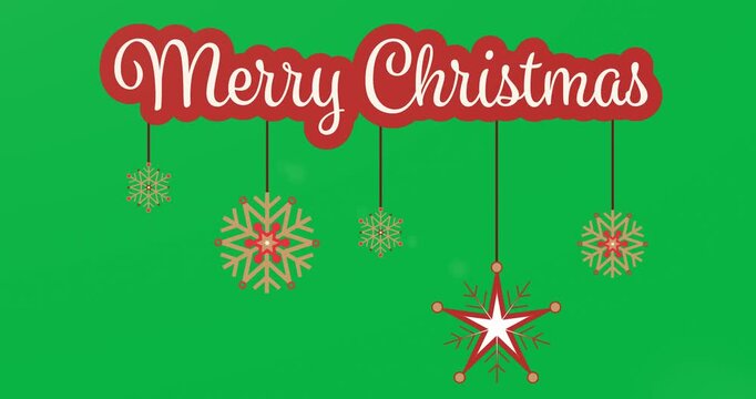 Christmas hanging decorations over merry christmas text banner against black background