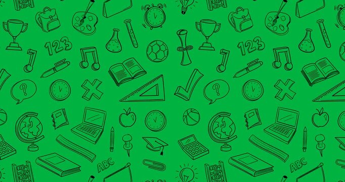Digital animation of multiple school concept icons in seamless pattern against white background