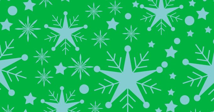 Digital animation of multiple blue snowflakes and star icons in seamless pattern on black background