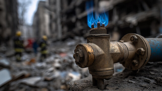 Firefighters battling a leaking gas valve and blue flame amid rubble in a war torn city emergency