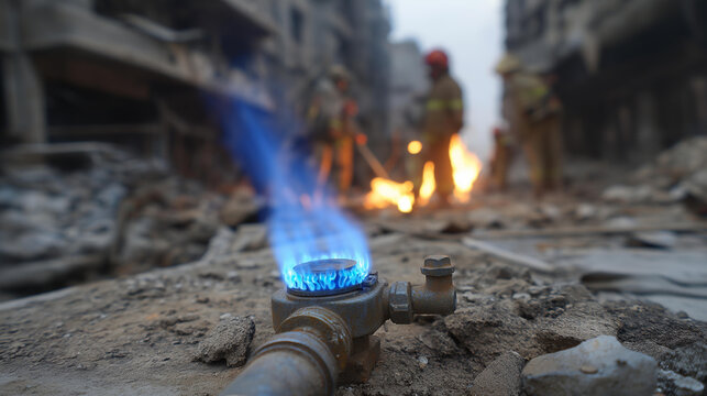 Firefighters battling leaking gas valve and blue flame amid rubble and destruction in a war torn city during emergency response